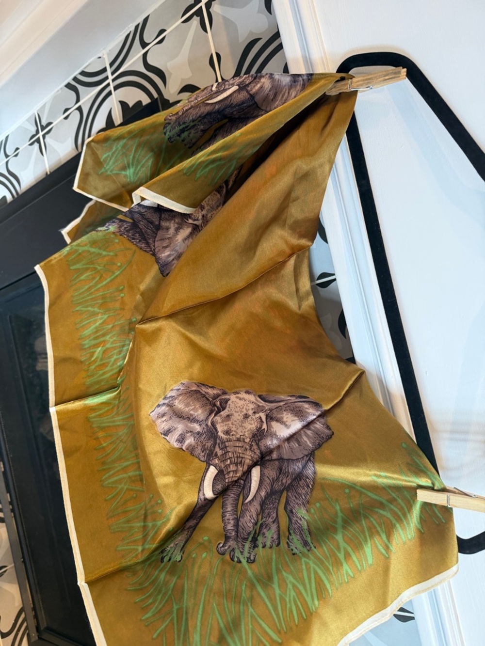 Elephant Print Satin Scarf in Mustard Gold/Green